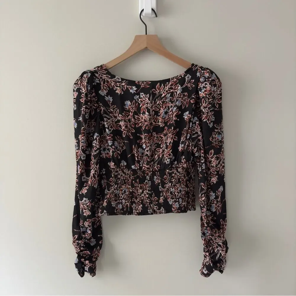 Free People Santiago Top Floral Cropped puff long sleeve buttons smocked ruched